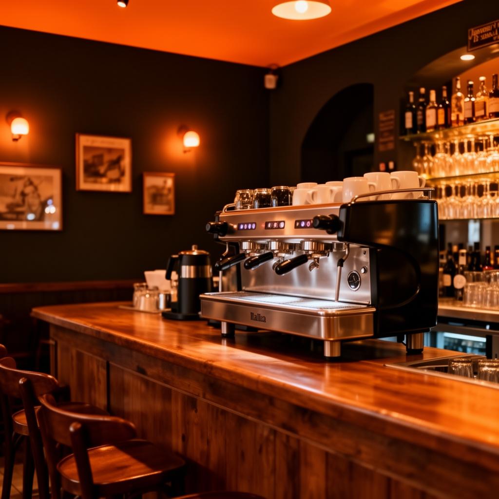 Interno del Bar O' Mericano con macchina espresso e bancone in legno